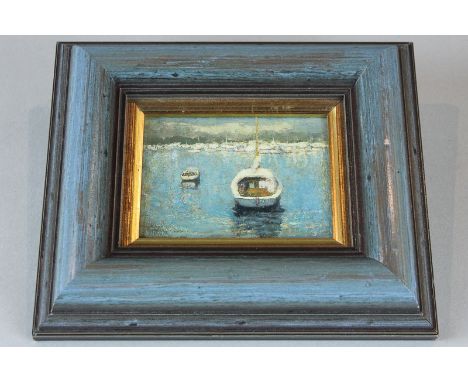 Oliver Ommanney, view of moored boats with Downs beyond, oil on panel, 7cm by 9.5cm