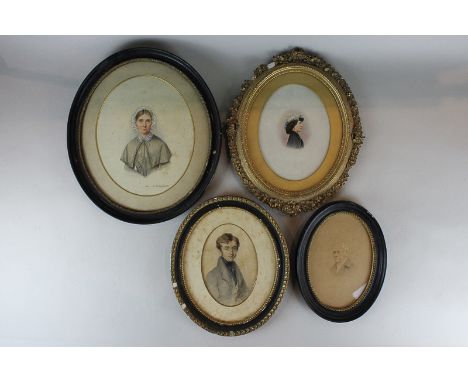 A 19th century watercolour half portrait of a young man, a Victorian oval half portrait of Mary P Merrifield and two other ov
