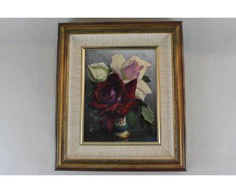 Irene Klestova (Russian), still life of roses in a vase, oil on panel, signed, with Frost and Reed label and receipt dated 19