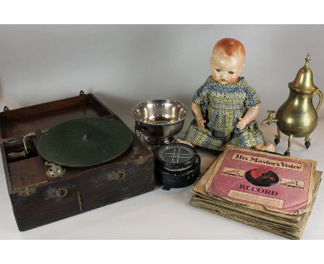 A marine compass 'spring loaded' type P14 No 14077D (a/f), together with other collectibles, to include a doll, a plated rose