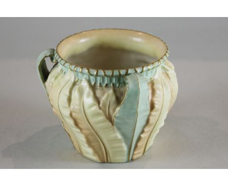 A Royal Worcester three-handled circular porcelain pot moulded with leaves, model number 1947, height 9cm
