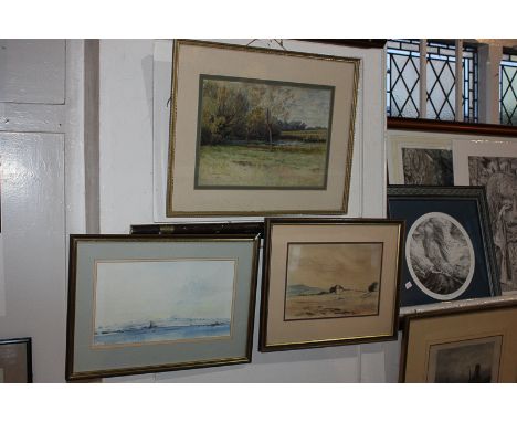 A K Madersson, looking towards Glastonbury, watercolour, 20cm by 34cm, together with two watercolours of landscapes and anoth