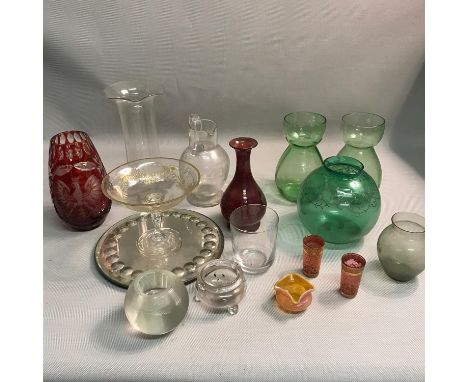 A Quantity of antique glass, Includes Bohemian Moser style shot glasses, Bohemian red cut crystal vase, Victorian vases &amp;