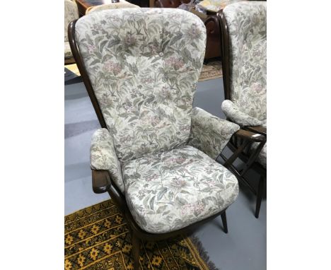 Vintage dark oak high back ercol gull wing chair, Comes with original Material upholstery 