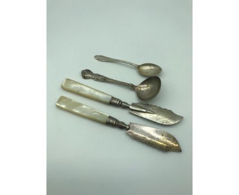 A Pair of Sheffield silver serving knifes with mother of pearl handles, Sterling silver small ladle and Sheffield silver tea 