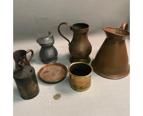 A Lot of antique brass, pewter and copper wares includes copper jugs, Shirley Avis &amp; Co Ltd crested copper weight &amp; A