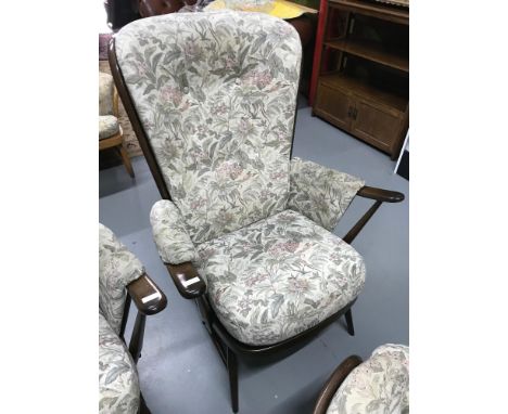 Vintage dark oak high back ercol gull wing chair, Comes with original Material upholstery 