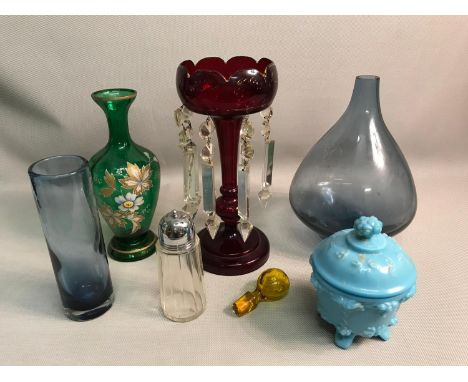 A Lot of art glass which includes Victorian Ruby glass lustre, Victorian green glass vase and Victorian amber stopper. 