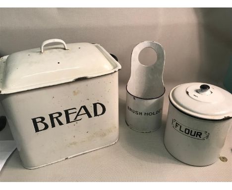 A Lot of 3 old enamel storage items. Bread, Flour and Brush holder. 