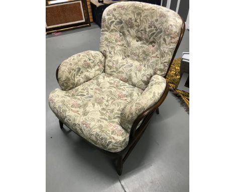 Vintage dark oak ercol Tub style chair, Comes with original Material upholstery 