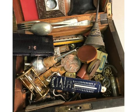 A Document box filled with various collectables, Includes Buttons, Coins, Military spoon &amp; Fork, Salter Scales and wallet