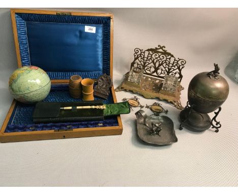 A mixed lot of collectables to include; Victorian brass and glass inkwell stand, a hand carved arts &amp; crafts pocket watch
