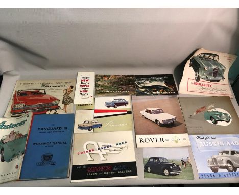 A Lot of vintage car brochure booklets, Monte Carlo Rally &amp; Achievements 1952 booklets, The Vanguard 3 workshop manual an
