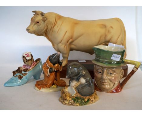 A mixed group of ceramic items to include a Beswick model of a Charolais bull, together with three Beatrix Potter figures to 