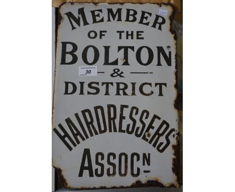An original advertising enamel sign 'Members of the Bolton and District Hairdressers Association'.
