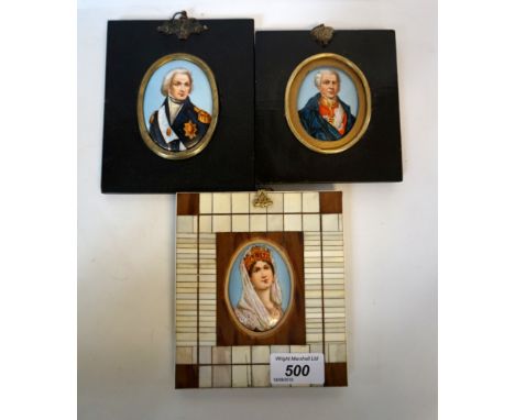 A set of three early 20th Century hand highlighted oval portrait miniatures of two gentlemen in army (3)