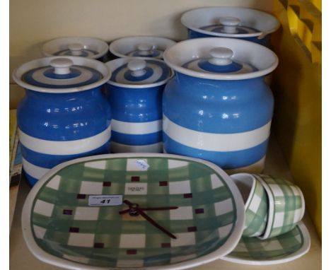 Six assorted T G Green Cornish kitchenware blue and white storage jars (each unnamed) together with a T G Green Smith's elect