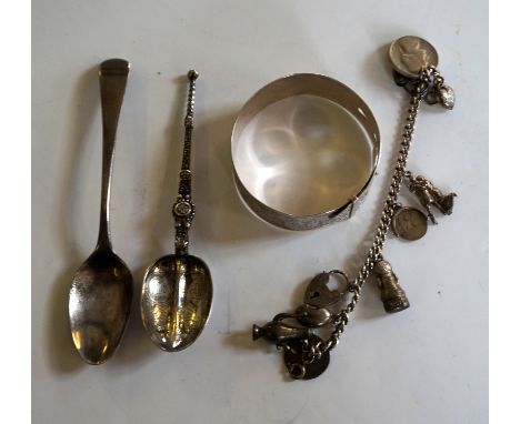 A mixed lot of assorted hallmarked silver and silver-plated to include a Chester adjustable bangle, two hallmarked silver spo