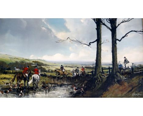 J Dennison (20th Century) oil on board depicting a hunting scene.

NB: The artist reportedly was a painter at Royal Doulton. 