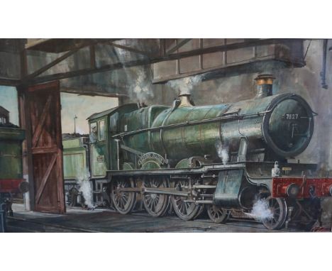 A 20th Century oil on board depicting a LMS locomotive steam engine entering a coal shed 'Lytham Manor'.