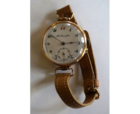 An early 20th Century gentleman's 9ct gold cased wristwatch, by H Moser & Co, the white enamel Arabic dial with outer minute 