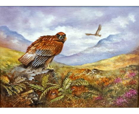 A hand painted ceramic tile probably Coalport inset in wooden frame signed P Gosling depicting a falcon in a highland mountai