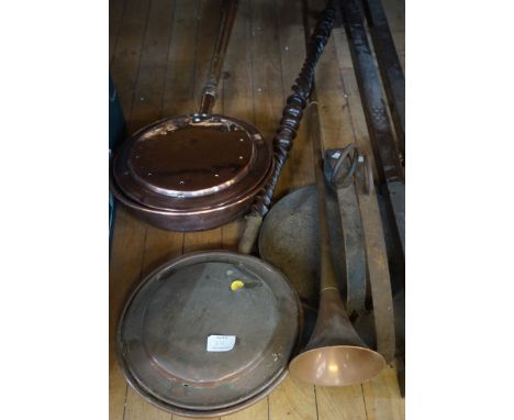 A large quantity of assorted metalware to include copper tea kettles, 19th Century copper warming pans, one having turned han