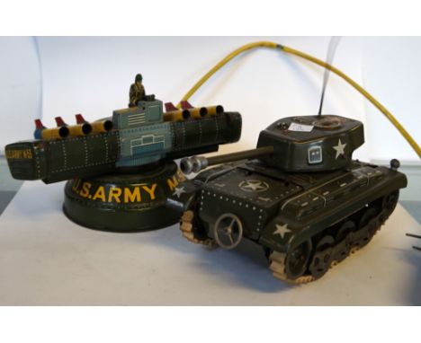 A mixed collection of vintage toys to include a West German tinplate model of a tank, together with a US army tinplate model 