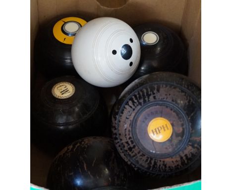 Six assorted vintage Crown Green bowls and a jack. CONDITION REPORT: Lot 221: 3 examples with wear and stress marks - see ima