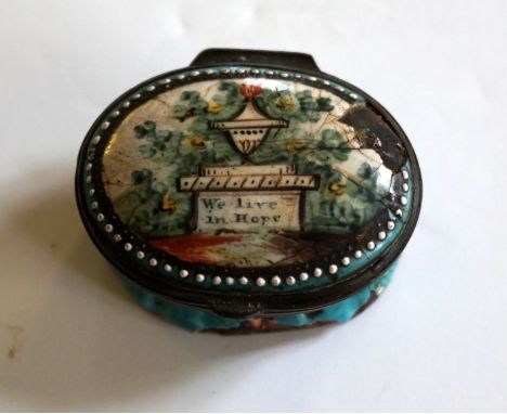 An 18th century Staffordshire enamel pill/patch box, of oval form, the hinged cover painted with Corinthian urn landscape and