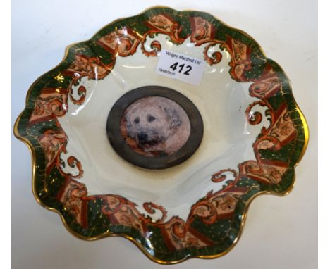 A Doulton ceramic dish with pinched scalloped rim with central roundel of a portrait of a dog set in Birmingham hallmarked si