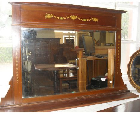 An Edwardian inlaid mahogany overmantle mirror with bevelled edge plate.