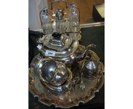 A mixed collection of silver-plated items to include a three piece tea service comprising teapot, twin handled sugar bowl and