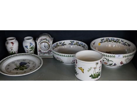 Seven pieces of Portmeirion 'The Botanic gardens' to include two large fruit bowls, a circular wall plate clock, etc.
