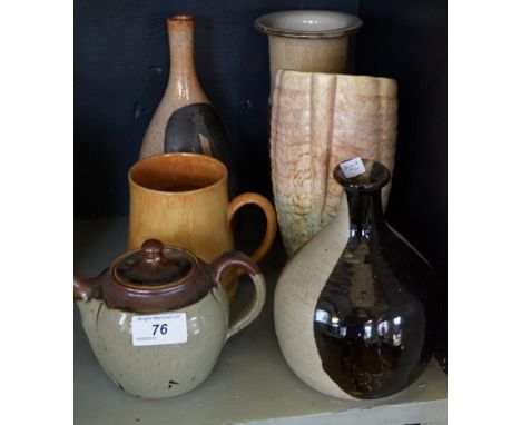 Six pieces of assorted studio pottery to include a Upchurch tankard, Bourton in the water teapot having a celadon glaze etc. 