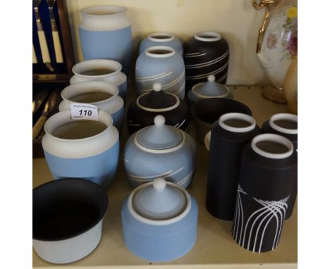 Seventeen pieces of assorted Wedgwood blue and black Jasperware ceramics to include vases, lidded trinket pots, etc.