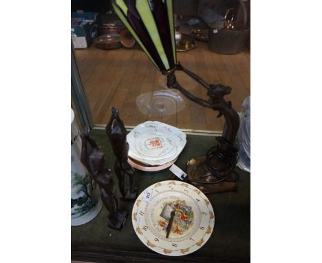 A mixed group of collectable items and ceramics to include two wooden tribal figures, a Royal Doulton ceramic Bunnykins teach