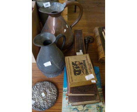 A mixed lot of assorted items to include two copper haystack jugs, vintage bone dominoes, hallmarked silver mirror and posy v