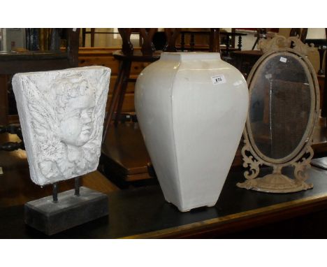 Three pieces of modern reproduction shabby chic wear to include a plaque in the form of a cherub, a dressing table mirror and