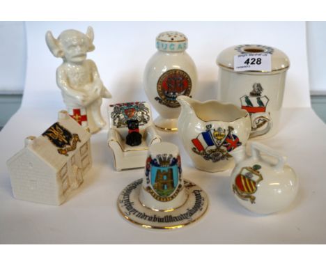 A mixed group of crested ware items to include a unusual model of the Lincoln Imp, an Arcadian crested china model of an armc