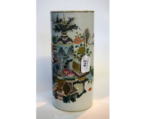 A Chinese famille rose sleeve vase, Republic period (1912-49) of cylindrical form, with a series of fan shaped aperatures to 