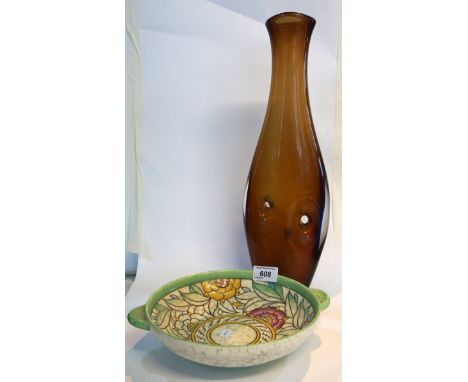 A Crown Ducal twin handled florally decorated bowl, reserved on a cream and green ground, together with a circa 1970s Murano 