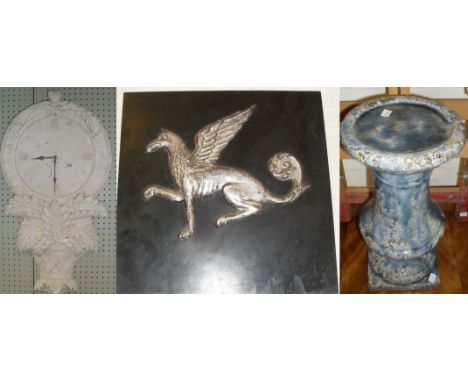 Reproduction collectable items to include a shabby-chic wall clock, a square plaque depicting a griffin and a candle holder.