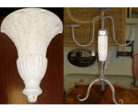 A reproduction metal and hardwood three branch candle holder, together with a hanging shabby-chic style wall bracket in the f