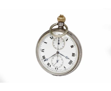 LONGINES SILVER OPEN FACED CHRONOGRAPH KEYLESS WIND POCKET WATCHthe round white enamel dial with Roman numerals in black, sub