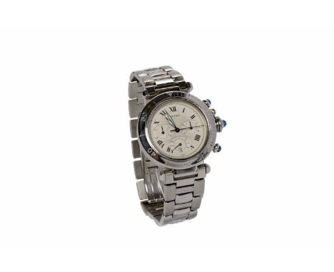 GENTLEMAN'S CARTIER PASHA STAINLESS STEEL CHRONOGRAPH QUARTZ WRIST WATCHthe round white dial with Roman numerals in black, su