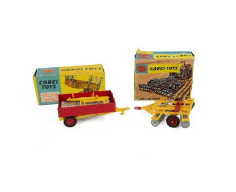 Corgi Toys boxed Wheel Controlled Tandem Disc Harrow No.71, and boxed Farm Tipper Trailor No.62. (2)