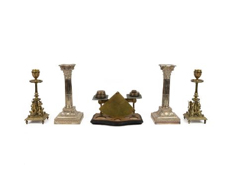 Pair of Silver plated corinthian column candlesticks, pair of brass candle sticks with four griffins to the base and a vintag