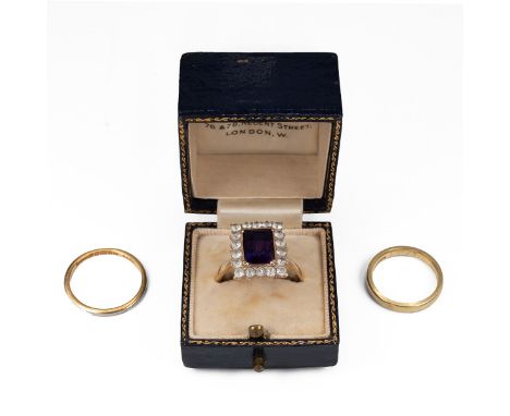 22ct gold wedding band, 2.56 grams, along with a 18ct gold wedding band, 4.71 grams, along with a 9ct gold gem set ring, 5.27