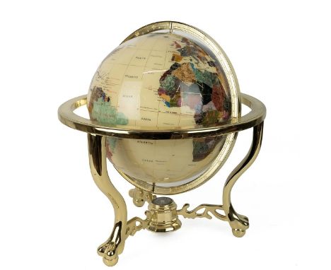 Gemstone globe in gilt brass gimbal stand with compass to centre of base. Globe diameter approximately 30cm.